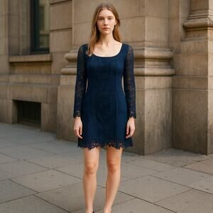 Sara Campbell Navy Blue Cotton Crochet Lace Dress Square Neck USA Made  Size S/M